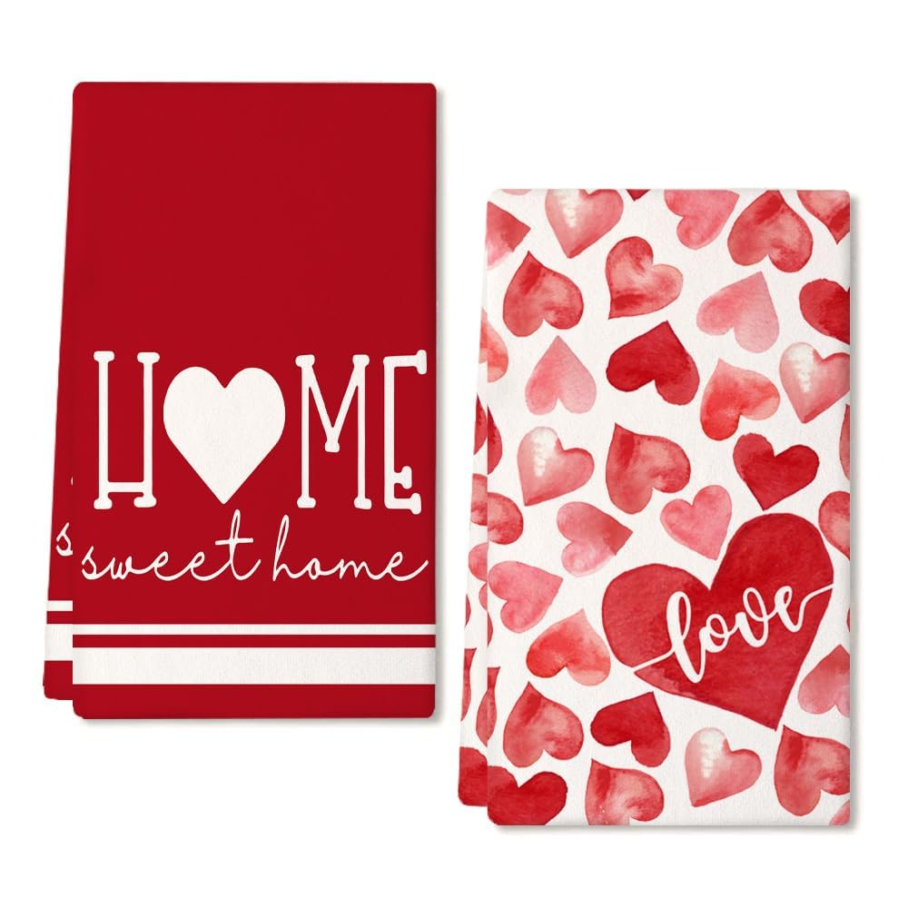 ARKENYMothers Day Kitchen Towels Set of 2,Pink Heart Sweet Home Sign Dish Towels 18x26 Inch Drying Dishcloth,Farmhouse Home Wedding Decoration AD175