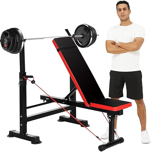 Juego de banco de pesas de 660 libras con estante para sentadillas, juego de prensa de banco 6 en 1 con almohadilla de rizo de predicador, bancos de