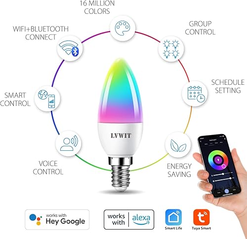 Miniatura 2 de LVWIT Bombilla inteligente B11 Smart Candelabra LED, base E12, bombilla WiFi para candelabro, cambio de color, regulable, funciona con Alexa Google