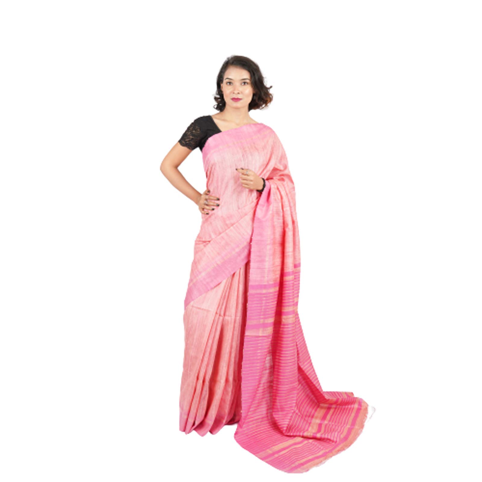 MANISHA SILK WEAVESManisha Silk Indian Saree for Women Ethnic Traditional Gheecha Tussar Silk Sari Wedding and Casual Clothing With Border With Blouse Piece (Pink)