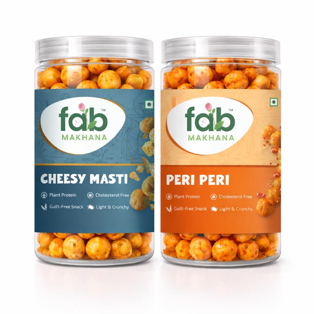 fab MAKHANA Peri Peri Cheesy Masti Roasted Makhana Combo Pack | Healthy Snack | Cholesterol Free | Gluten Free | High Protein Calcium | Roasted in Rice Bran Oil | 70g x 2 PET Jars-image-30