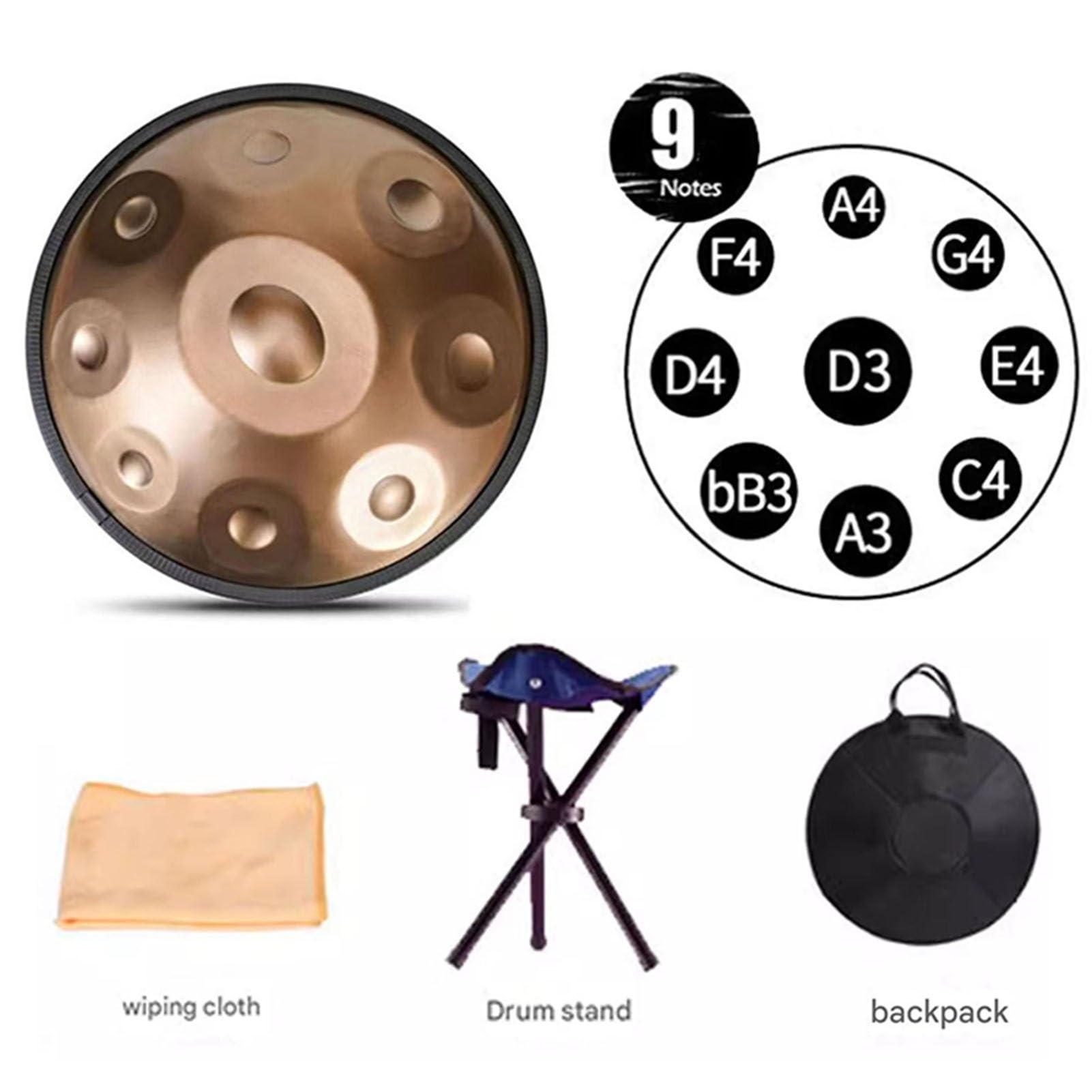 Ręczny instrument perkusyjny 440 Hz stalowa patelnia perkusyjna, zestawy, D-moll, 9 nut, 56 cm, perkusja ze statywem, do medytacji, jogi, uzdrawiania dźwiękiem (fioletowy)
