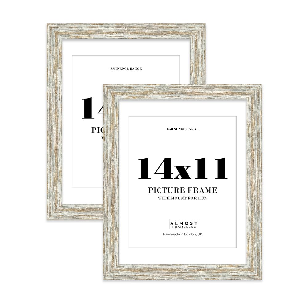 14x11" Distressed White Oak Picture Frame with 11x9" Mount - Aged Photo Frame with Distressed Finish, Wall Hooks and Kickstand, 32mm Edge - 2 Pack