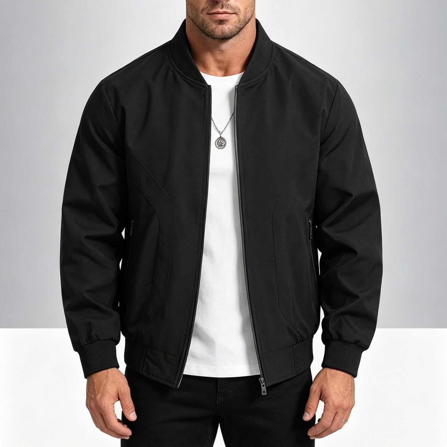 Mens Waterproof Zip Up Jacket Long Sleeve Loose Fit Solid Coat Casual Travel Spring Fall Outerwear with Pockets