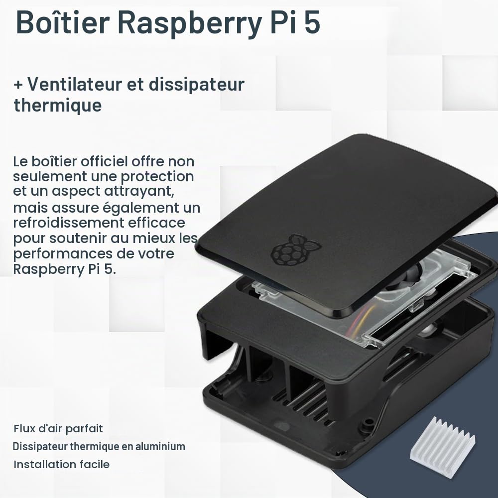 Raspberry Pi 5 Kit de démarrage 8 Go noir | Bloc d'alimentation USB-C 45 W | Boîtier avec ventilateur | Carte SD Ultra 64 Go | Câble Micro HDMI 4K | Dissipateur thermique | Raspberry Pi 5 8 Go de RAM