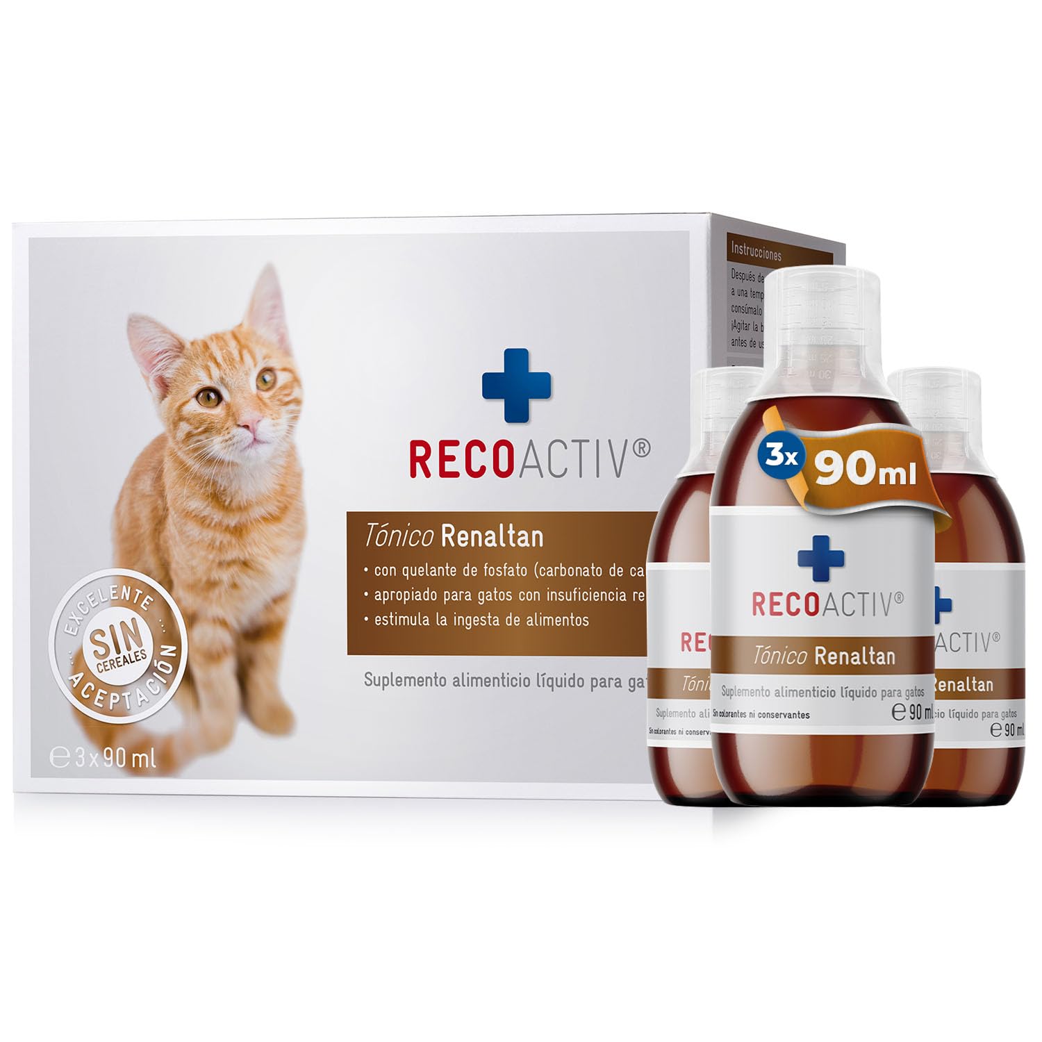 RECOACTIV Tónico Renaltan para Gatos, 3 x 90 ml, suplemento alimenticio con aglutinante de fosfato para Reducir el Contenido de fosfato en la Dieta en Casos de insuficiencia renal o IRC