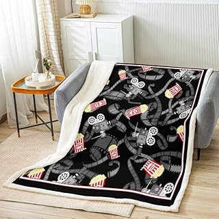 Movie Theater Plush Blanket Cinema Poster Fleece Throw Blanket for Children Popcorn Movie Night Film Star Red Black Sherpa Blanket Room Decor Old Fashion Home Decor Room Decor Twin 60