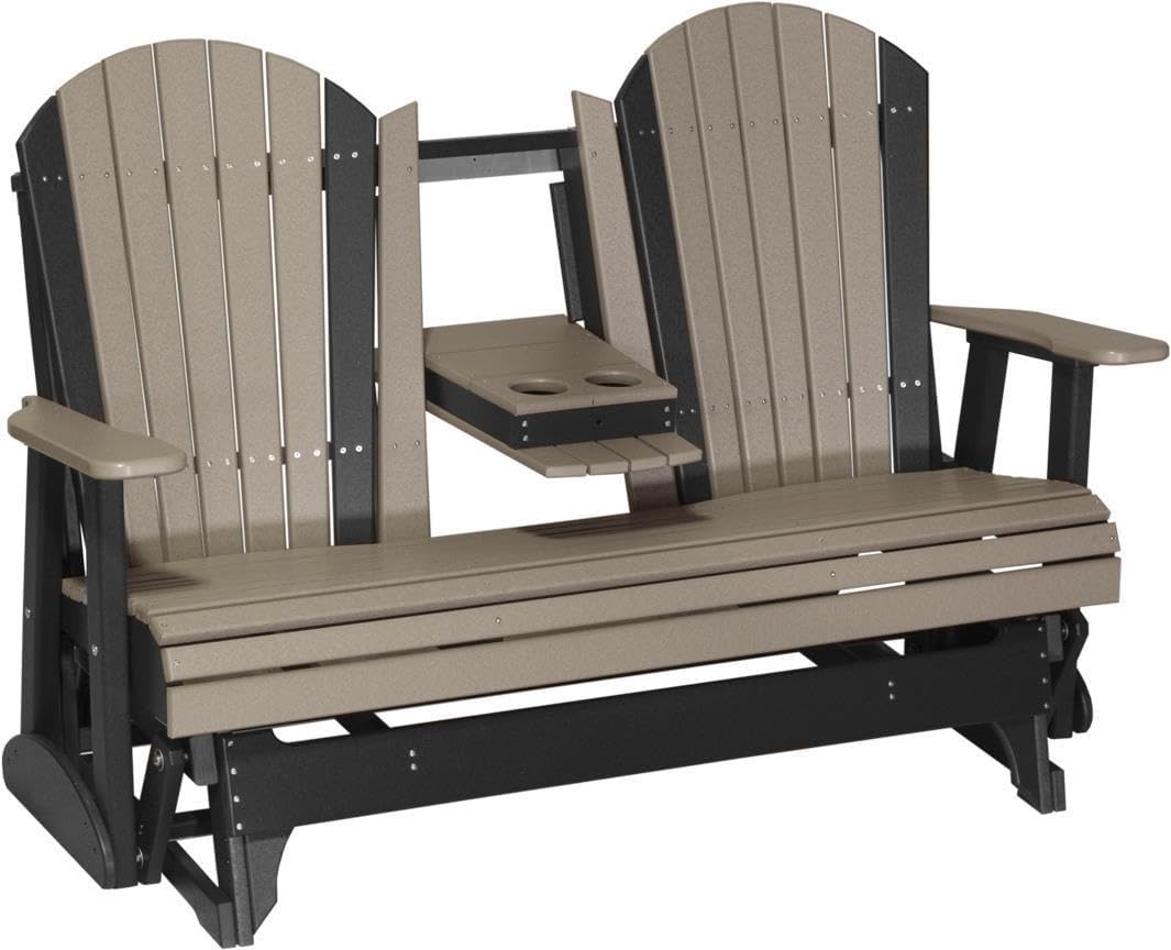LuxCraft 5' Adirondack Glider with fold Down Console (Weatherwood on Black)