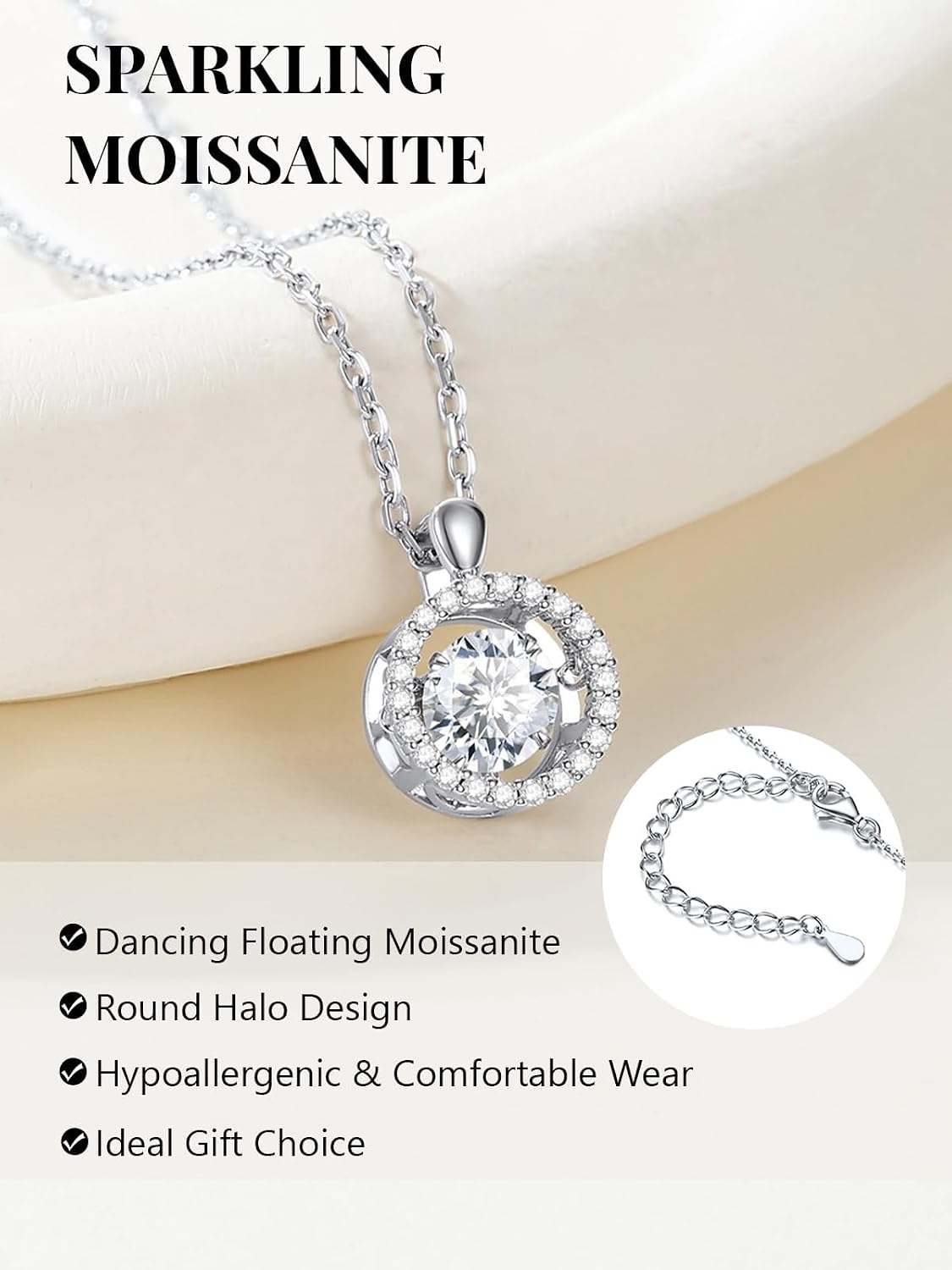Silvora Moissanite Necklace for Women, Dancing Heart and Round Pendant Necklaces, D Color VVS1 Moissanite Jewelry, Hypoallergenic, 0.5CT/1CT, 18+2 Inch Adjustable Chain