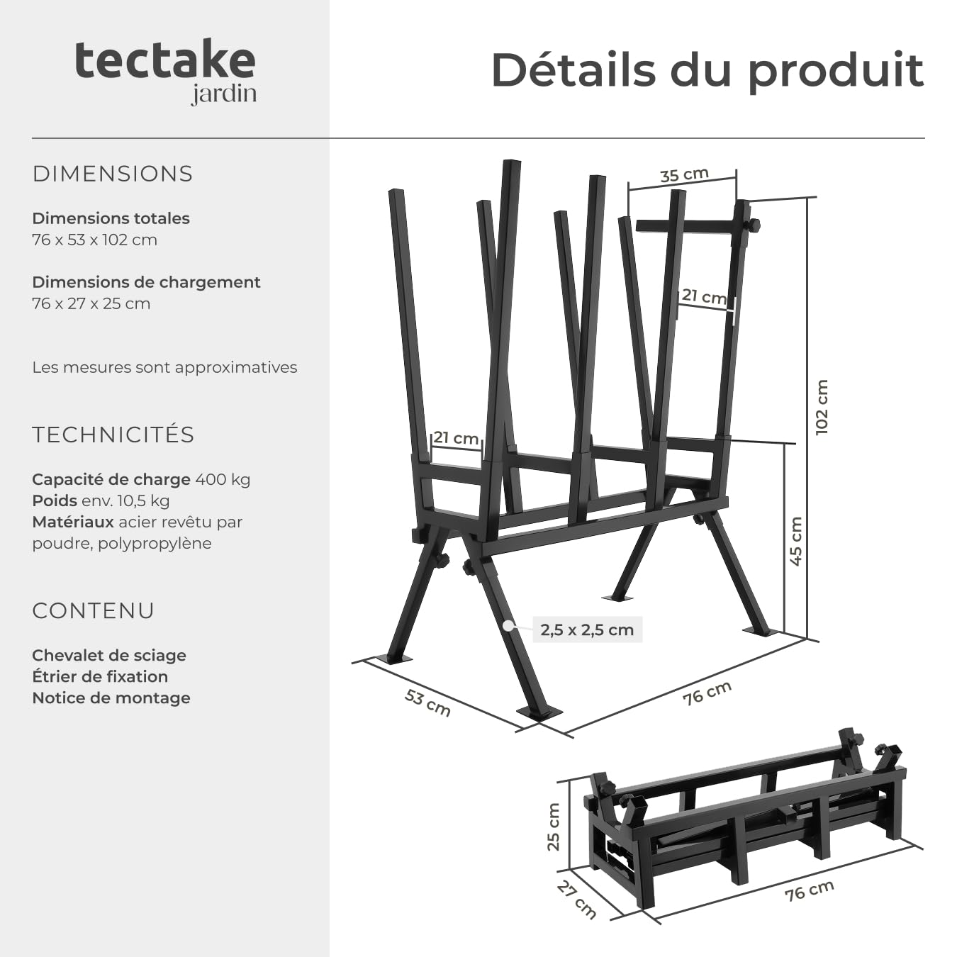tectake® Chevalet de sciage pour Tronconneuse electrique et Scie, 76 x 53 x 102 cm, Coupe buche en acier, Chevalet coupe bois, Barre de blocage réglable, Résistant et Pliable, Capacité max. 400 kg