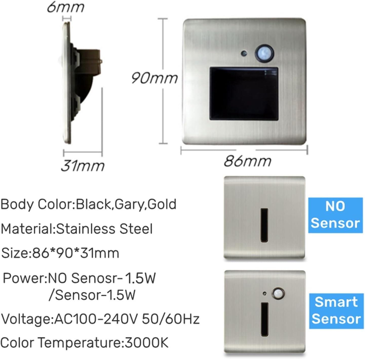 Modern LED recessed Wall Light 1.5W PIR Motion Sensor Stair Foot Light Indoor Corridor Corner Decoration Step Wall Lighting AC110/220V (Color : Warm White 3000K, Size : Gray Small Hole)