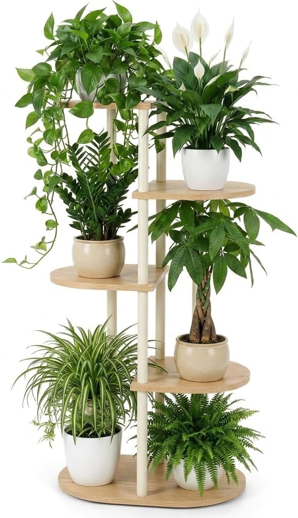 Tiered Plant Stand Indoor, Tall 5 Tier 6 Potted Wooden Plant Shelf for Multiple Flower Plants, Multi Corner Metal Plant Holder Indoor for Patio Garden Patent Design Living Room Balcony Bedroom, White