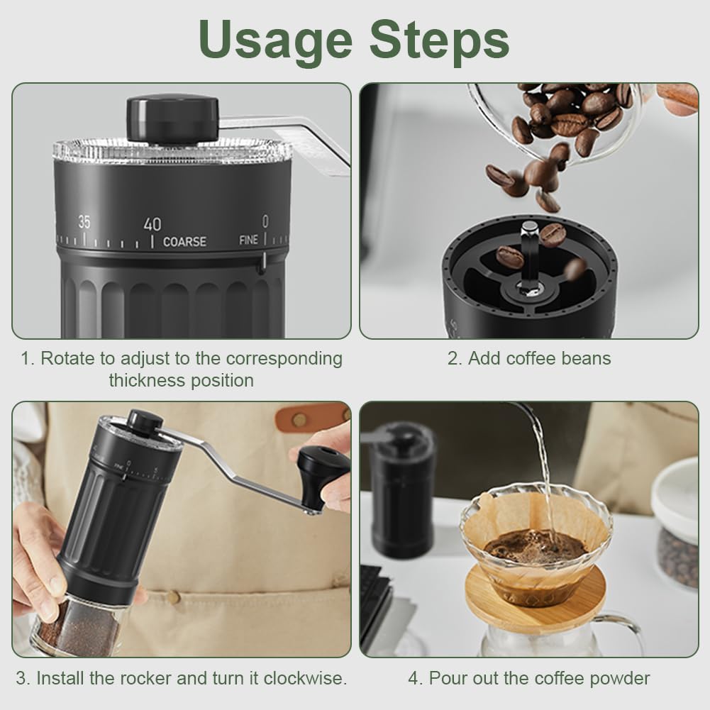 HOTUT Manuelle Kaffeemühle, Handkaffeemühle mit hochpräzisen Keramik-Kegelmahlwerk, Externe Verstellbarer Mahlgrad von grob bis fein, Handmühle kaffee für Zuhause, Büro, Reise