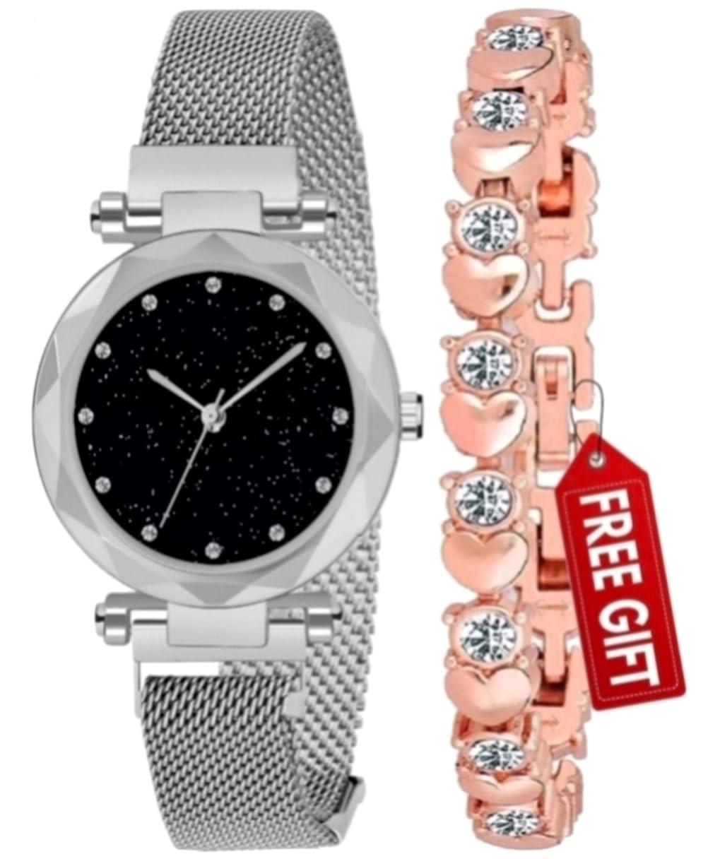 Acnos® Premium Combo Analogue Silver Magnet Watch Metal Band Ladies Watch and Girls and Women, Pack of 2 Watch and Chain Diamond Bracelet Gift Valentines Day Special (B08VDGN1J3) Amazon Price History, Amazon Price Tracker