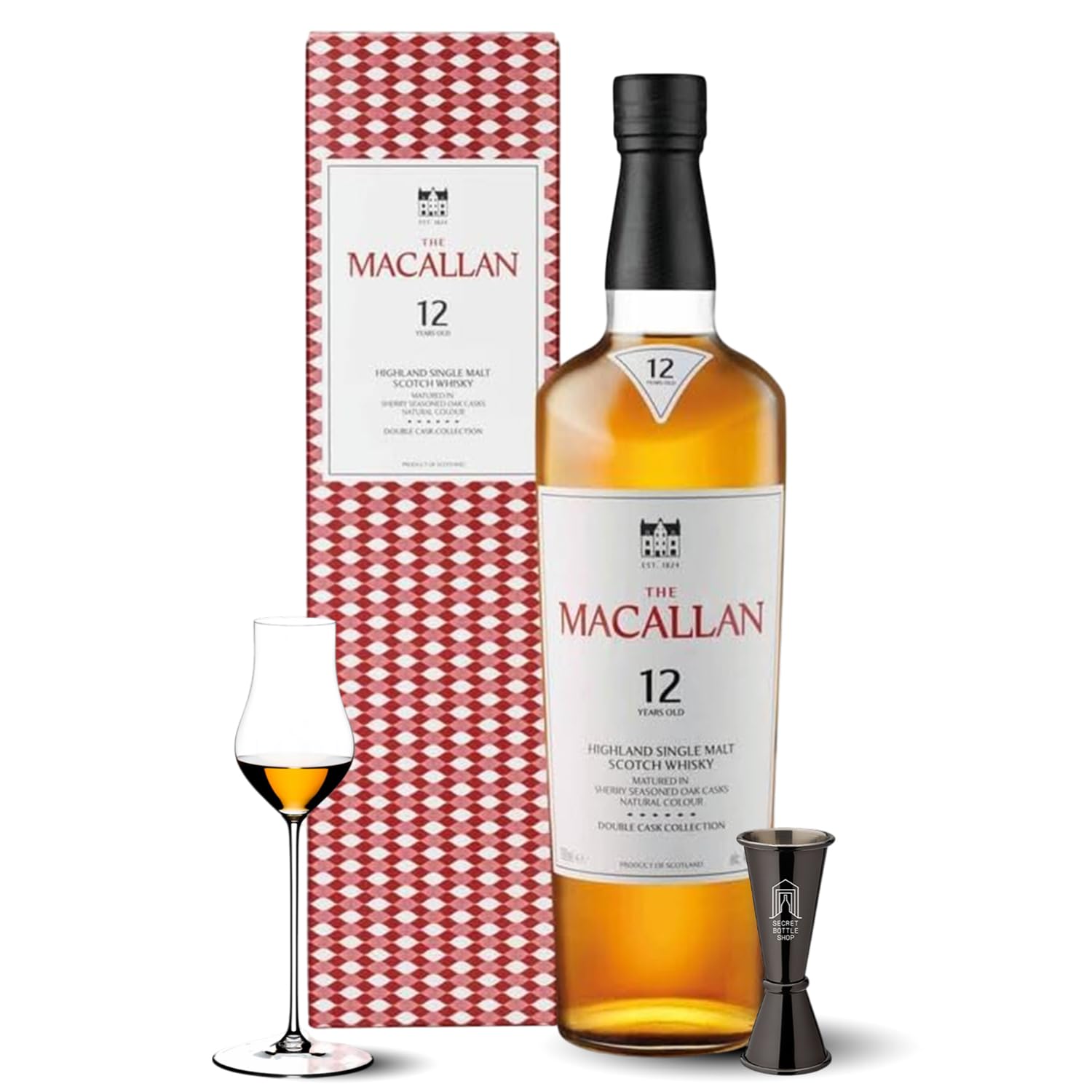 The Macallan 12 Years Old Double Cask & Glass, Jigger Set | Scotch | Highland | Single Malt Whisky | Toffee, Orange Peel and Spice | European and American Oak Sherry Seasoned Casks 70 cl