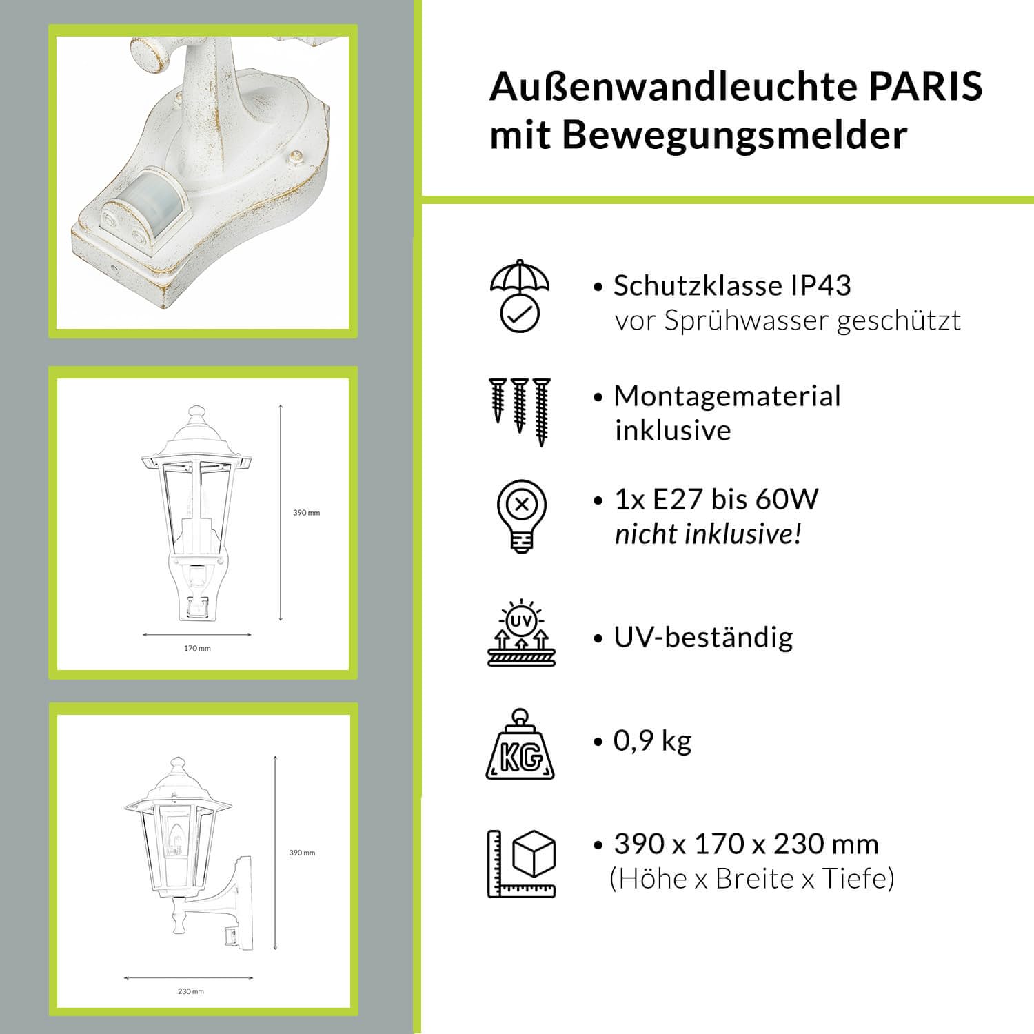 Rustica Lampada da parete in BIANCO-GRIGIO OPACO incl. 1x 12W E27 LED 230V LAMPADA DA PARETE REALIZZATO IN ALLUMINIO & VETRO REGOLABILE PER GIARDINO/Terrazza STRADA Terrazza lampade luci esterno