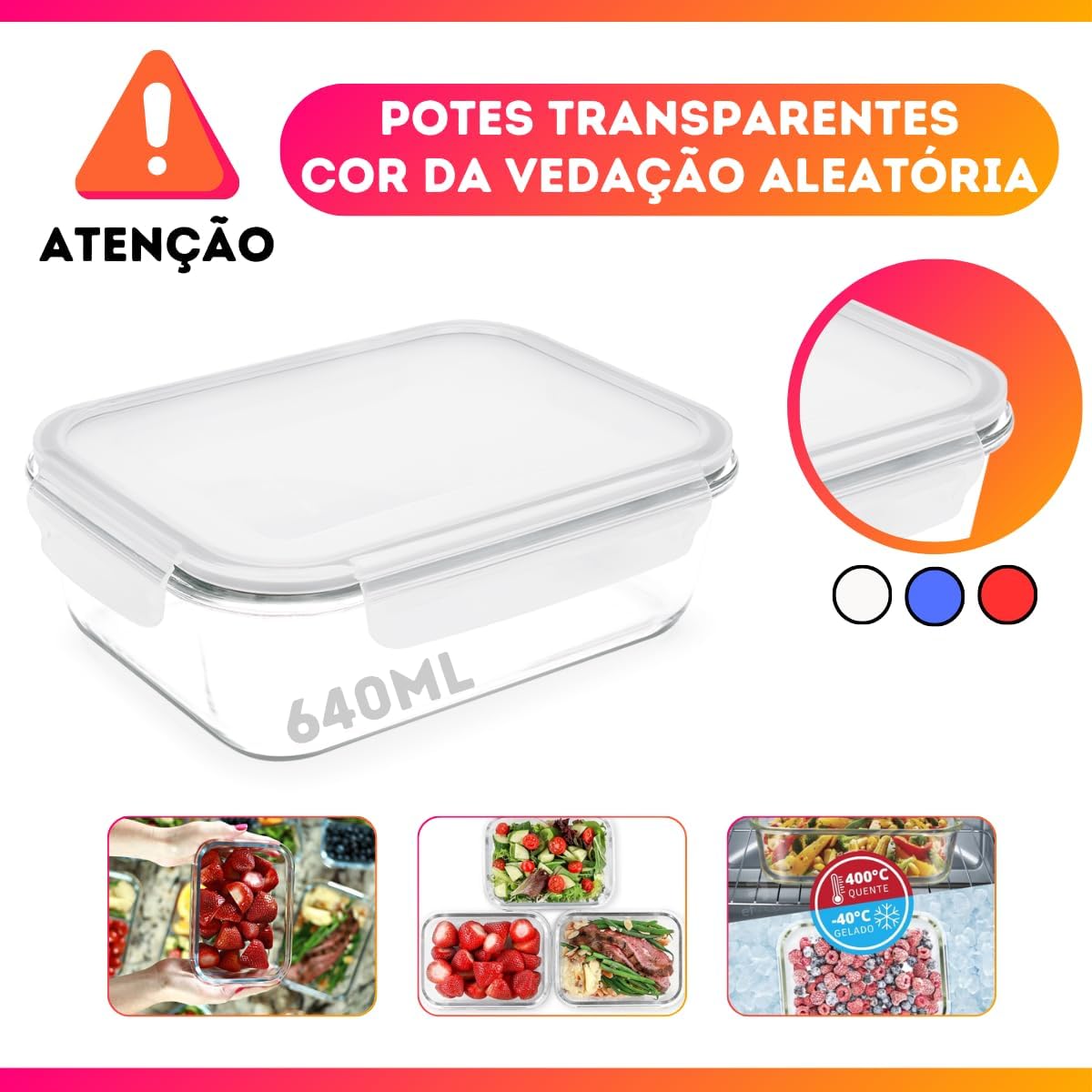 KIT 4 Potes de Vidro Retangular com Tampa Hermética 640ml (Transparente)