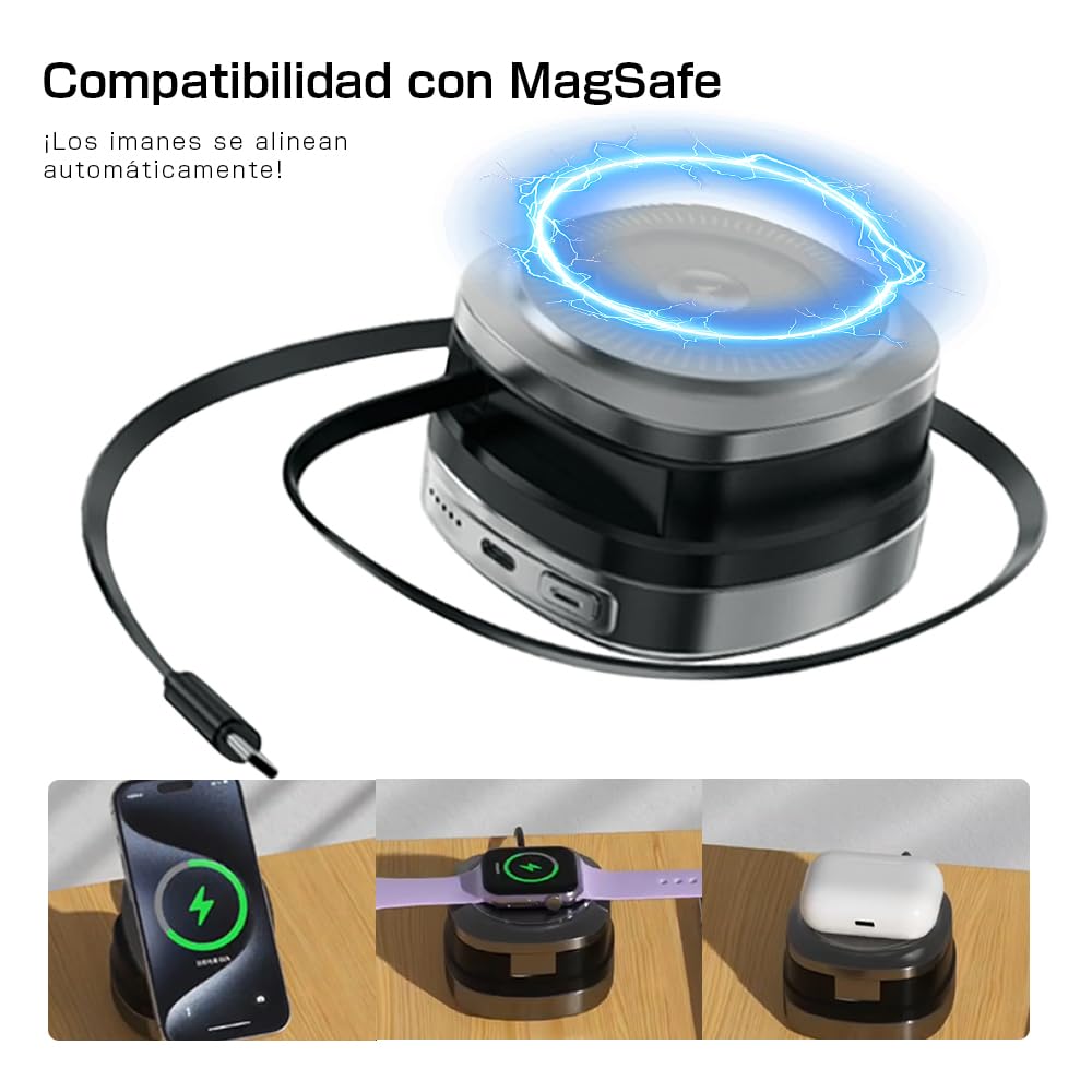 Batería Todo en Uno con Carga Magnética Inalámbrica 12000mAh | Triple Cable Extensible Integrado | Carga Rápida 45W PD para PC | Compatible con Apple Watch y Dispositivos Magnéticos（Plata）