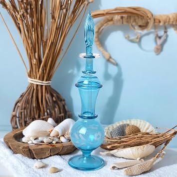 Handmade Blue Glass Perfume Bottle Empty Hand Painted Refillable Decanter for Fragrance Storage, Home Decor Hand-Blown Art Glass with Floral Etchings Ideal Gift for Women Luxury Vanity Display