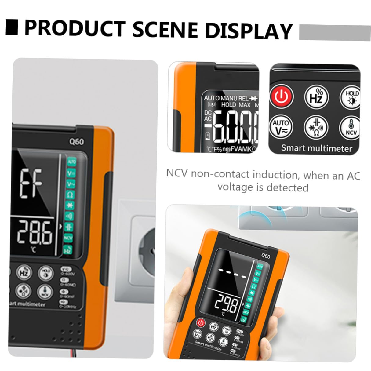 Q60 Digital Multimeter Portable Electrical Tester with Auto-ranging, True Effective Value, Ncv Detection, Diode Test, Data Hold, Backlight Screen, Continuity Buzzer, Flashlight