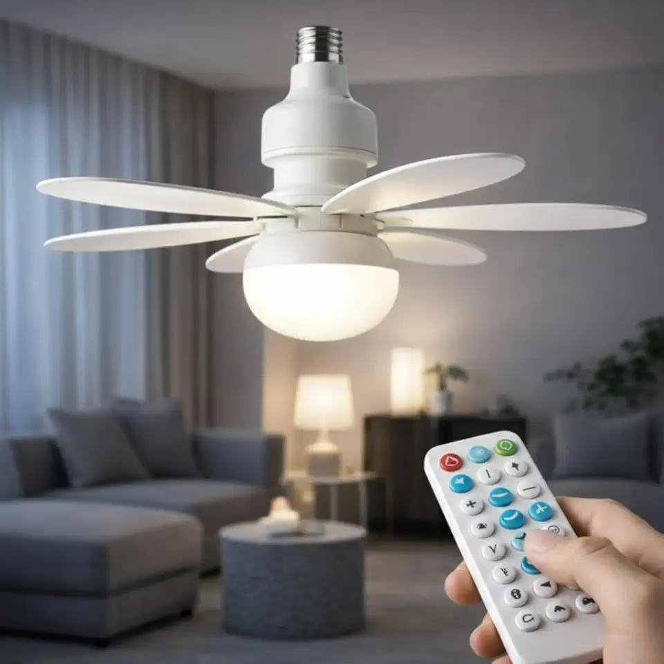 Ventilador de Teto Silencioso com Lâmpada LED 60W Bivolt E27 com Controle Remoto 3 Velocidades e 3 Modos de Luz Econômico e Moderno