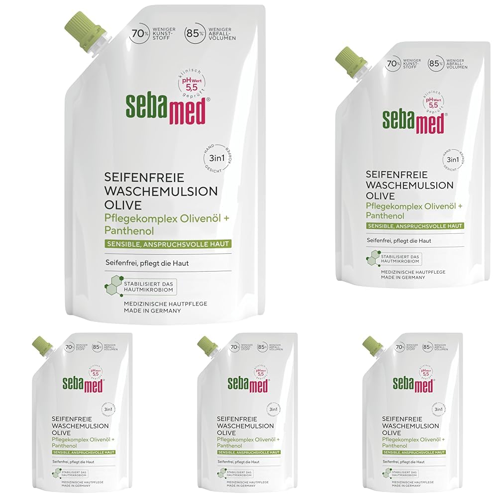Sebamed seifenfreie Waschemulsion Olive Nachfüllbeutel 400 ml, Pflegekomplex mit Olivenöl und Panthenol, seifenfreie Reinigung für sensible Haut, zur Hand-, Gesichts- und Körperreinigung geeignet