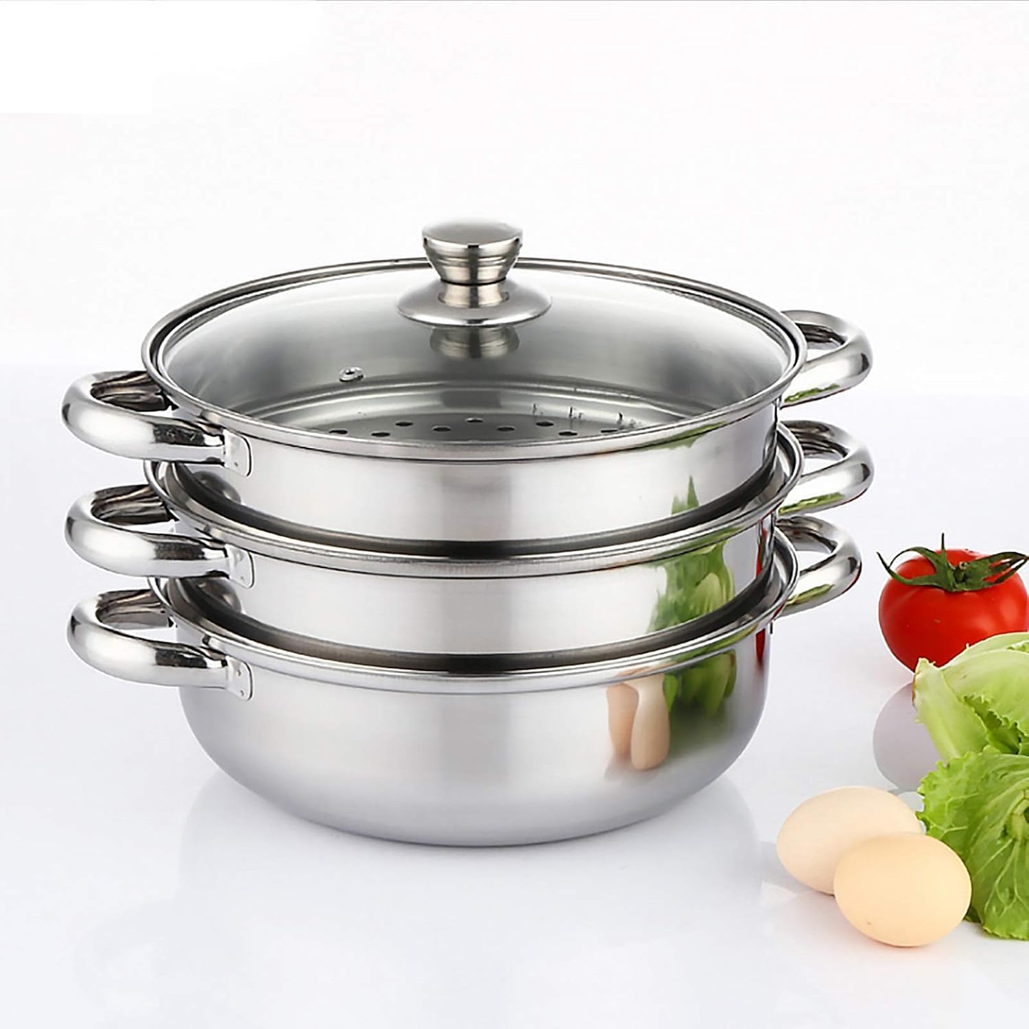 3 Tier Steamer with Glass Lid - Stainless Steel Cooking Pot Kitchen Food Steamer for Vegetables and Rice - Professional Kitchen Cookware