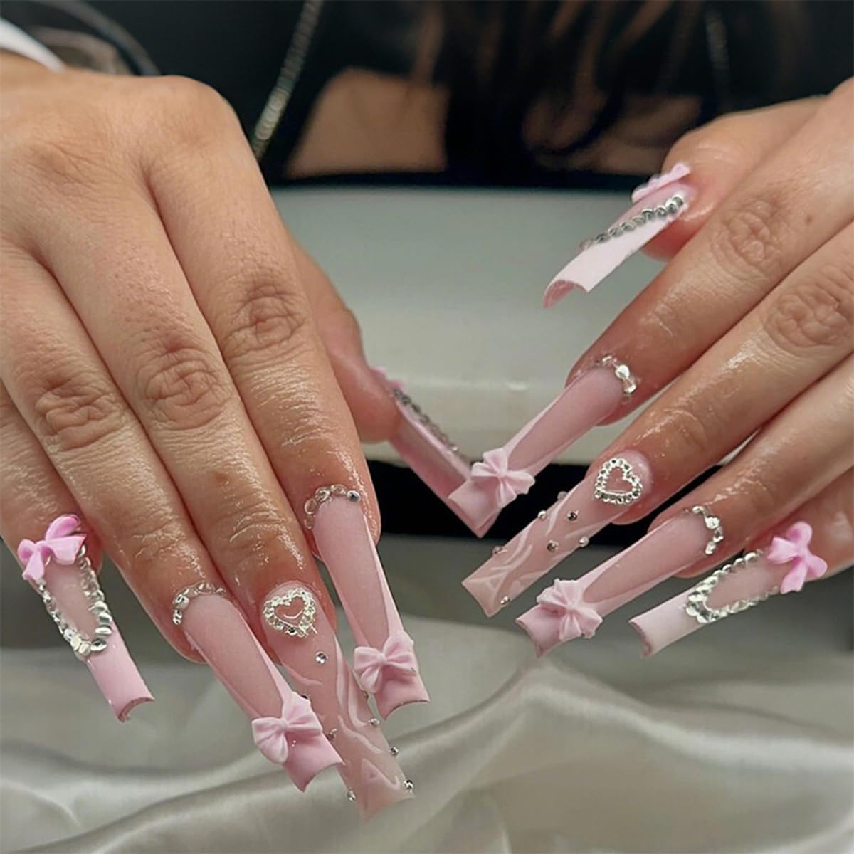 24 Pcs Pink Press on Nails Long Square,MINGCHUN Bling Fake Nails Press ons Acrylic Nail Art Tip Kit with Heart Rhinestone Bow Charms Design Full Cover