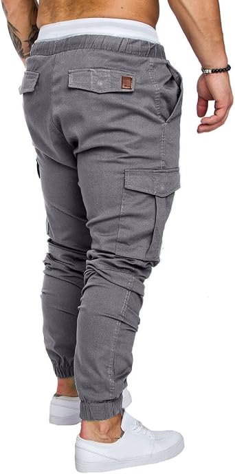Cargo Pants for Men Regular Fit Drawstring Slacks Tapered Cotton Elastic Waist Multi Pockets Solid Sweatpants