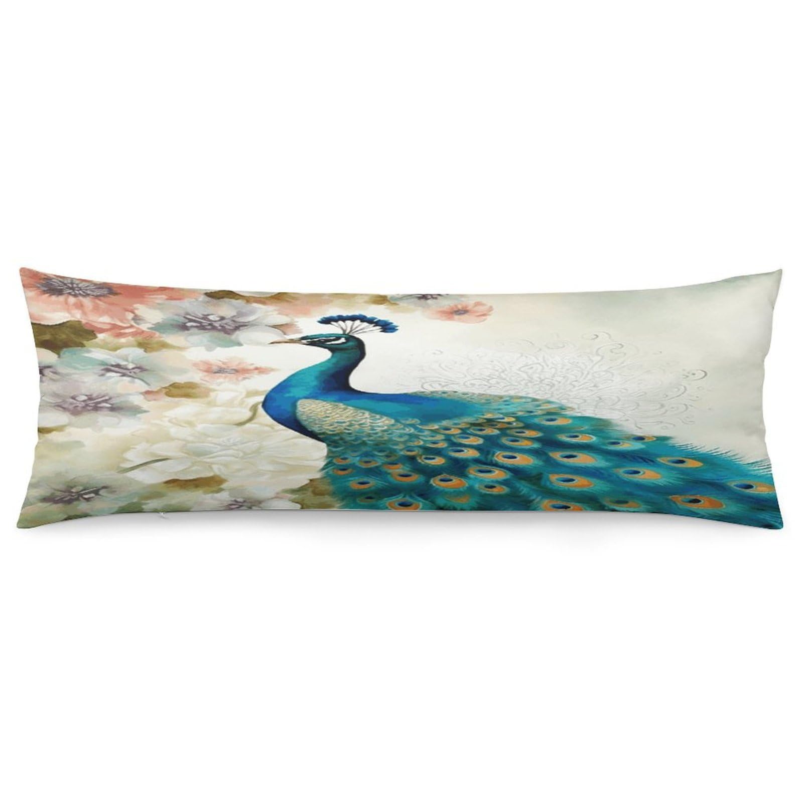 Beautiful Peacock and Floral Pillowcase Long Body Pillow Cover Soft Decorative Body Pillow Case Breathable Large Pillowcase Cute Cozy Pillow Protector for Bed Sofa Couch Room 18.9 X 53 Inch