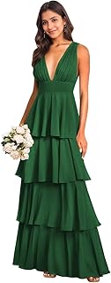 Tiered Bridesmaid Dress for Women Ruffle Deep V-Neck Empire Long Chiffon Formal Wedding Guest Evening Prom Gown