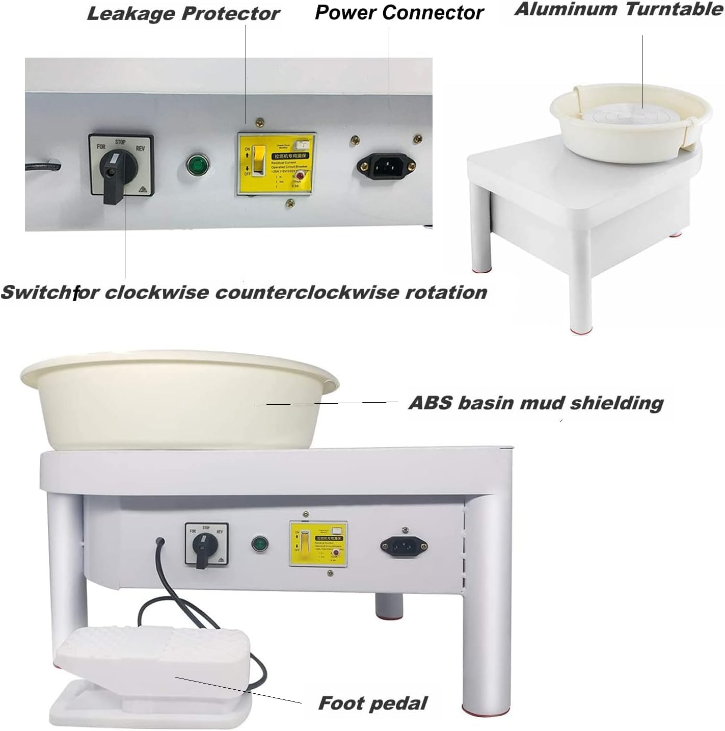 NArra Rueda de cerámica eléctrica de 25 cm, 350 W, rueda de cerámica para adultos, principiantes, manualidades de cerámica con pedal y patas para clases escolares, barra de alfarero, uso doméstico