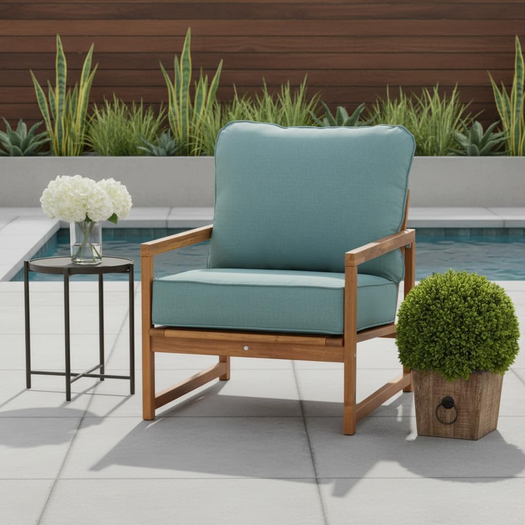 Outdoor Deep Seat Cushion Set 24x24 Seat + 28x22 Back – Plush Fiber Fill Seat, Patio Lounge Replacement Cushion, Corded Trim, Durable Polyester Fabric with Ties, Seaglass