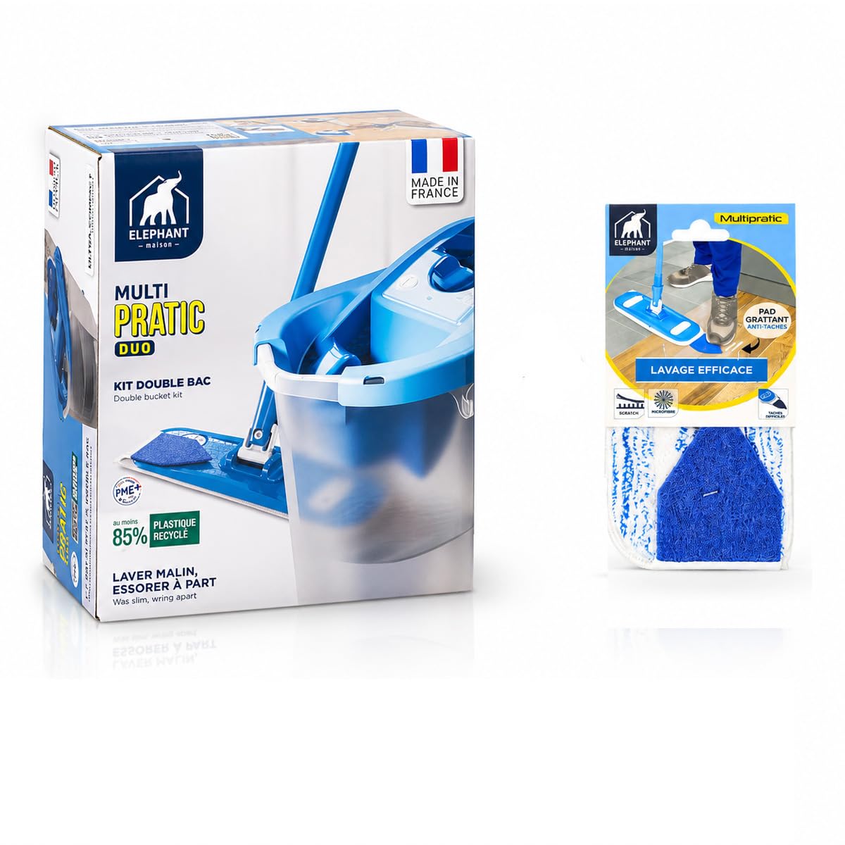 Éléphant — Kit de Lavage Multipratic Duo | Seau Double Compartiment + Balai Plat + 2 Housses Microfibre | Sols jusqu'à 50 m² | Fabriqué en France | 85% Plastique Recyclé