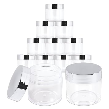 Beauticom 30g/30ml 1 fl. oz. Double Wall Clear Plastic Leak Proof Jars with Flat Top Lids for Creams, Lotions, Make Up, Powders, Glitters, and more... Color Metallic Silver Lid, Pieces 12