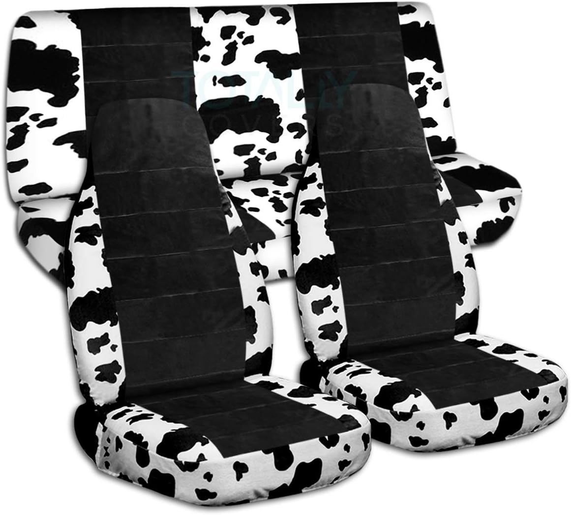 Totally Covers Animal & Black Car Seat Covers: Cow (Big Pattern) - Universal Fit - Full Set - Front Buckets & Rear Bench - Option for Airbag/Seat Belt/Armrest/Release/Lever/Split Compatible