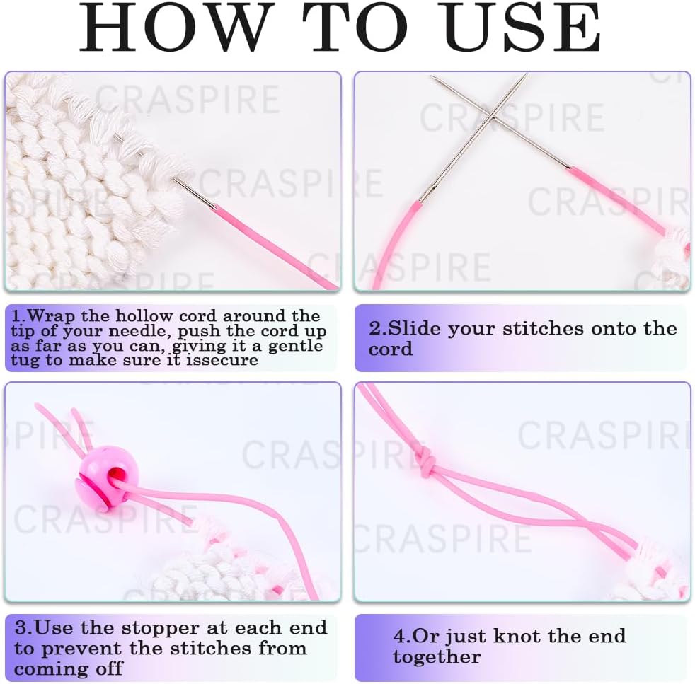 CRASPIRE 16Pcs 4 Colors Knitting Stitches Holder Cord Lock Kit Plastic 1.4mm Hollow Pipe Rubber Cord Markers Stopper Silicone Tubing Barber Rubber Pipe for Needle Point Knitting Stitch Bracelet