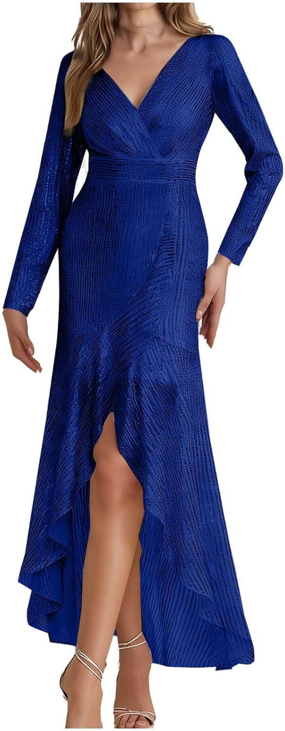 Womens Sequin Cocktail Dresses Trendy Wrap V Neck Sparkly Glitter Homecoming Clothes Slit Back Zip Wedding Guest Maxi Outfits