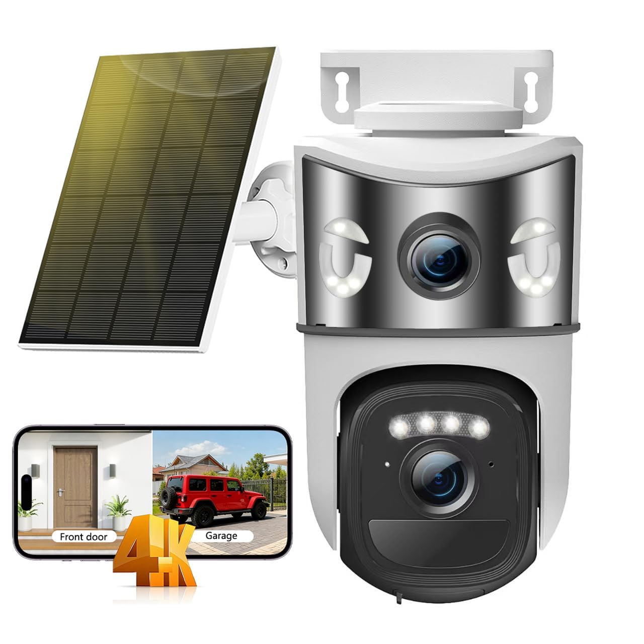 4K Telecamera Wi-Fi Esterno Senza Fili con Pannello Solare,Doppio Obiettivo Videocamera Sorveglianza WiFi,Rilevamento Umano PIR,Visione Notturna a Colori,Audio Bidirezionale,IP66