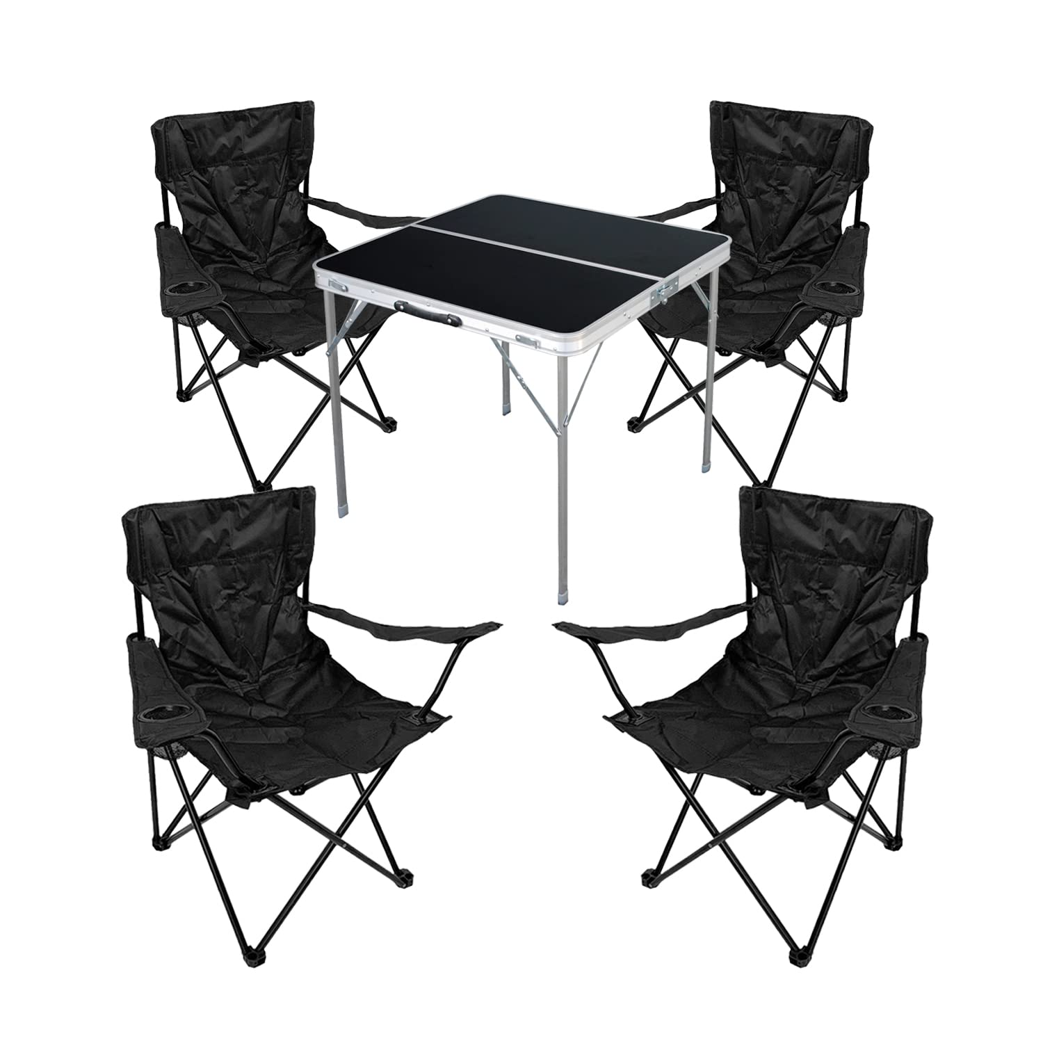 5tlg. Campingmöbel Set Alu 80x80x70cm 1x Campingtisch schwarz mit Tragegriff + 4 Anglerstühle, Faltstühle Campingstühle Schwarz