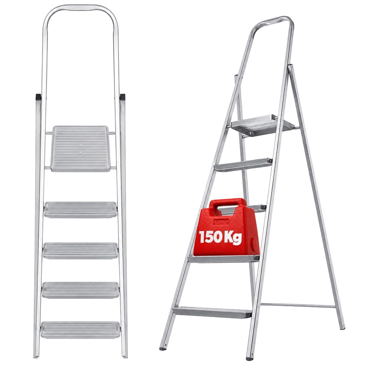 KADAX Escalera de acero de un solo lado con pies antideslizantes, escalera de tijera, escalera con estante, escalera de tijera, escalera plegable, escalera doméstica con peldaños anchos (5 peldaños)