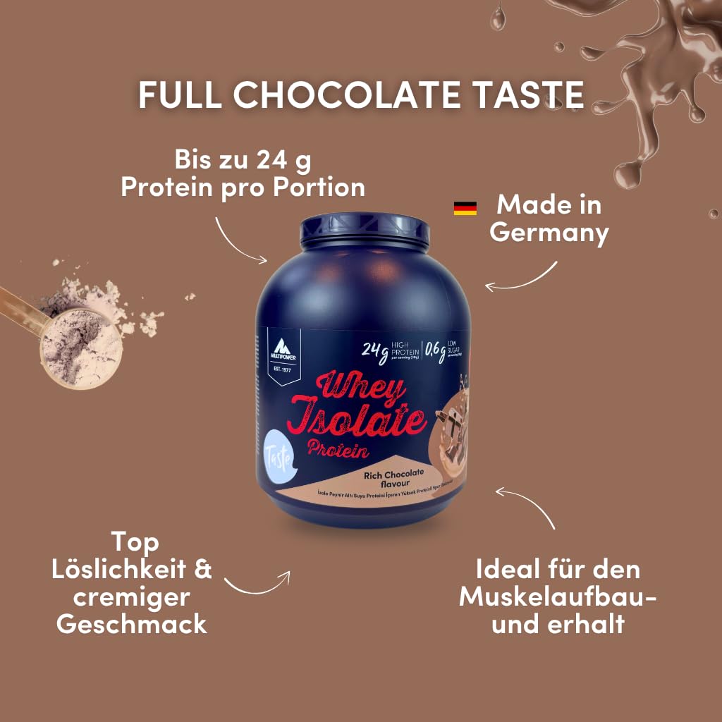Multipower 100% Whey Isolate Schokolade – Whey Protein Isolat mit 24 g Eiweiß pro Portion, Low Sugar & Low Fat, Instantisiert, hoher BCAA-Gehalt, Proteinpulver für Muskelaufbau & Sport
