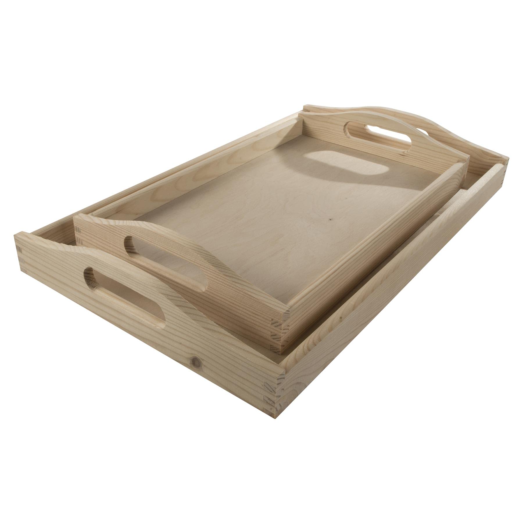 Woodeedoo Set Of 2 Nesting Wooden Serving Trays With Curved Handles – Unfinished Pine – Medium Large Rustic Trays For Breakfast Tea Coffee Display Use Kitchen Countertop Table Or Lounge Shelf