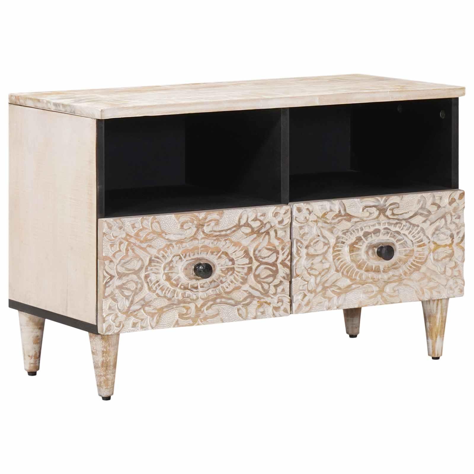 Szafka TV z litego drewna mango, biała, 70 x 33,5 x 46 cm, z miejscem do przechowywania multimediów, konsoli do gier, odbiornika i akcesoriów w nowoczesnym prostokątnym wzornictwie