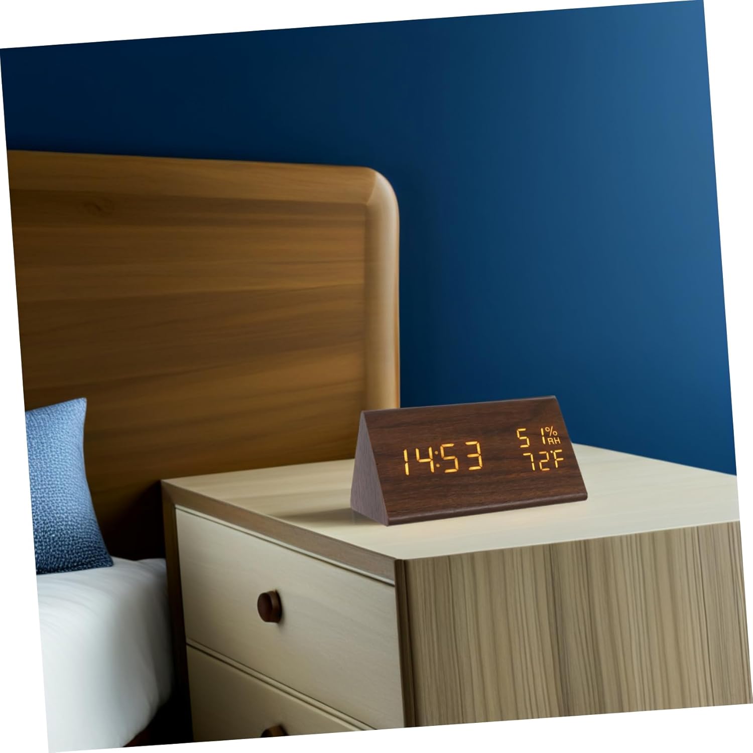Led Digital Alarm Clock Triangle Shape Wooden Humidity Temp Display Desk Clock for Bedroom