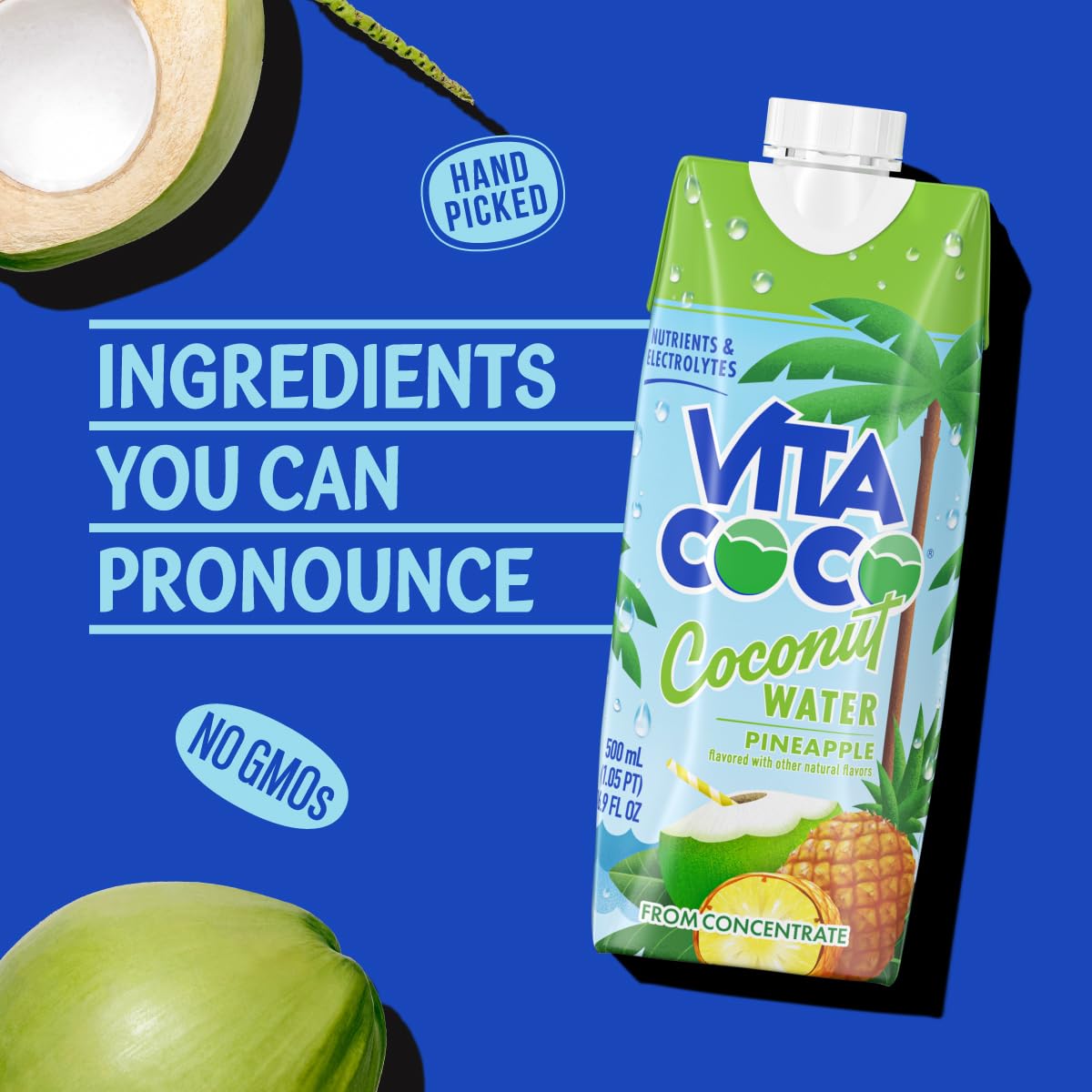 Vita Coco Coconut Water Naturally Hydrating Electrolyte Drink Smart Alternative to Coffee Soda and Sports Drinks Gluten Free, Pineapple, 16.9 Fl Oz (Pack of 12), 202.8 Fl Oz