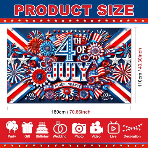 Image of BlissYard Independence Day Banner 71 x 43 Inch 4th of July Decorations Veterans Day Memorial Day Banner Decorations Supplies America Independence Day Theme Patry Decorations Indoor Outdoor Supplies