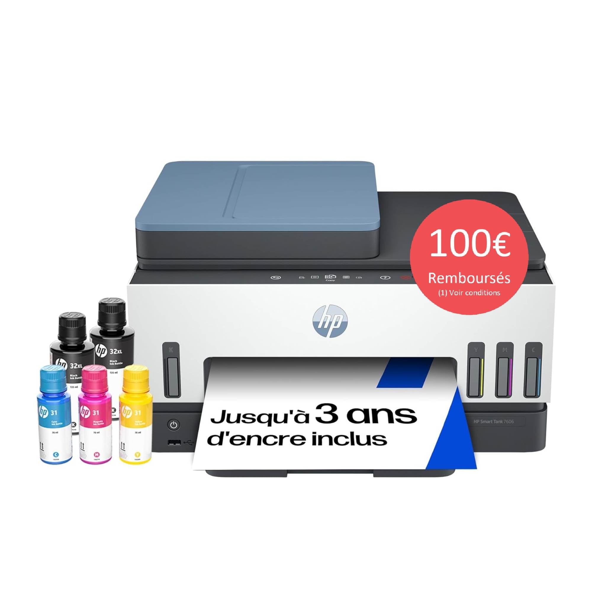 HP Smart Tank 7606, 28C03A, Imprimante Multifonction A4 avec réservoir d’Encre Rechargeable, Impression Couleur, Scanner, Photocopieur, Fax, Wi-FI, Application Smart, Blanche et Bleue
