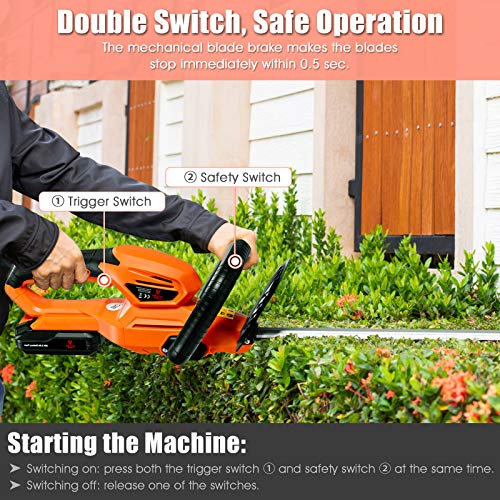 Goplus 20V Cordless Hedge Trimmer w/ 24-Inch Dual Action Blade, Battery Powered Gardening Hand Pruner, Orange