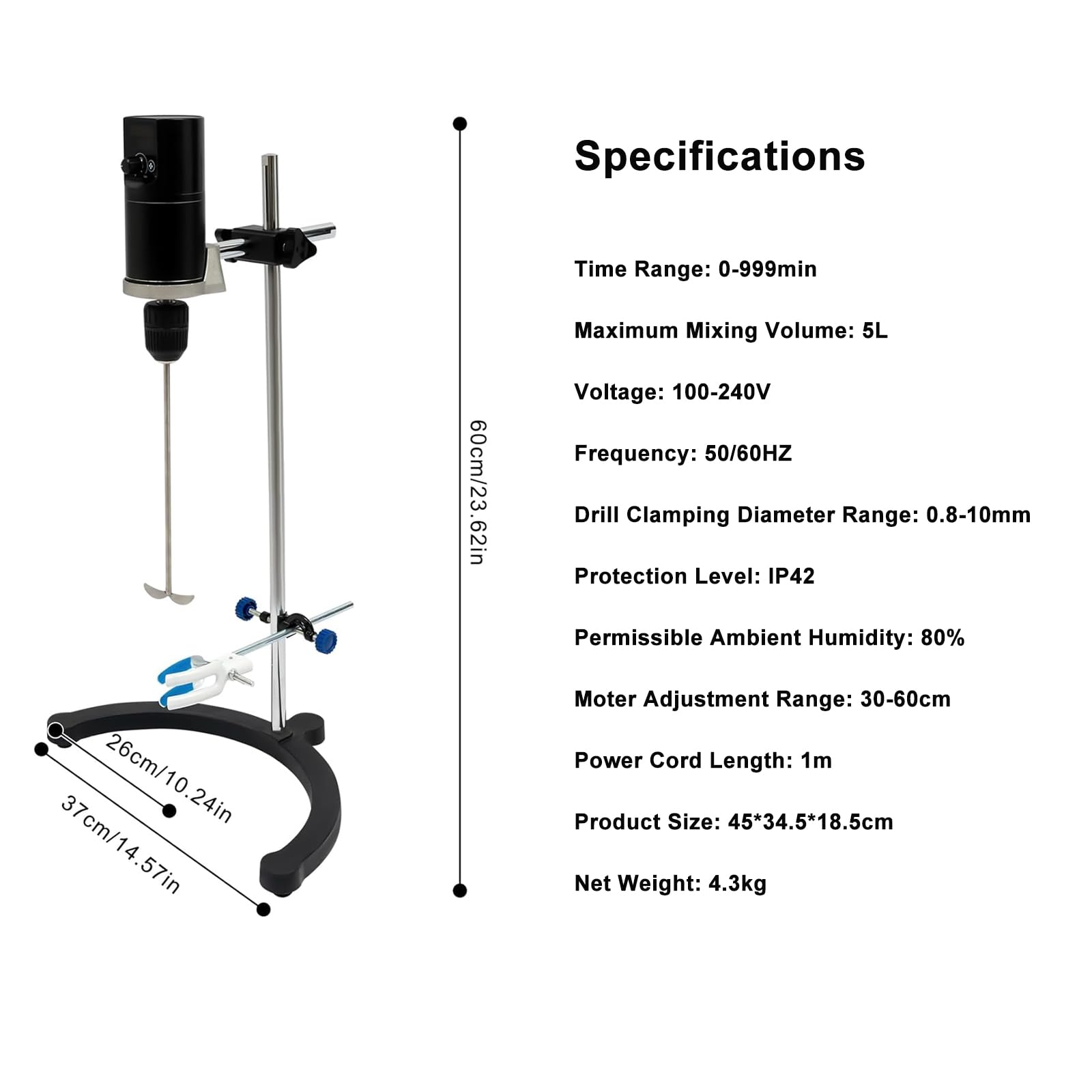 Agitador eléctrico de 60 W para mezcla de líquidos, control de velocidad continuo 100-2000 rpm, capacidad máxima 5 l, agitador de soporte de laboratorio con perilla giratoria